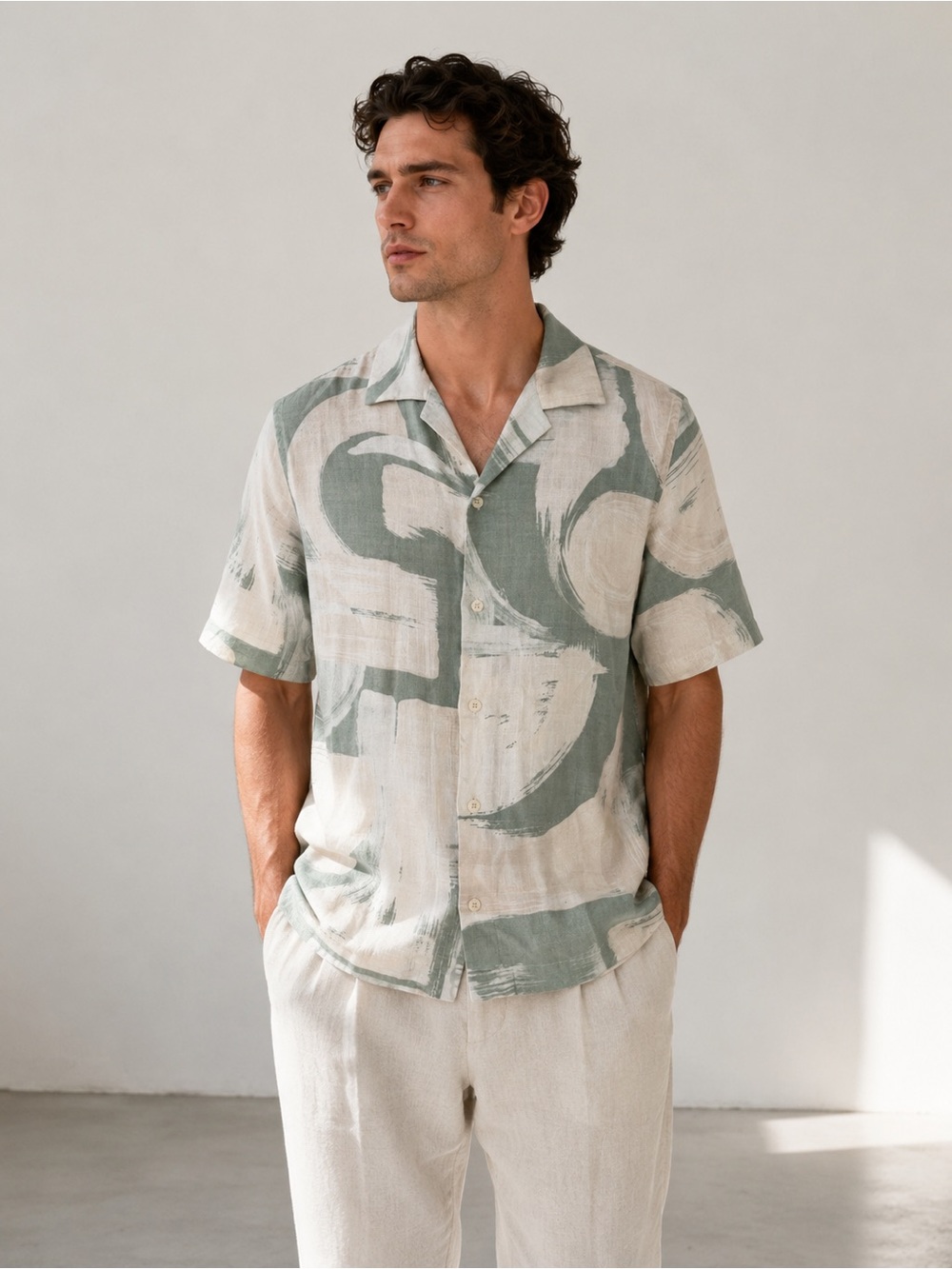 Zara Sage Green and Cream Short Sleeve Button-Down Shirt